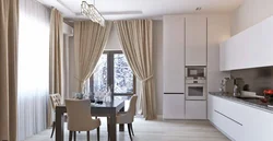 Brown curtains in the kitchen interior