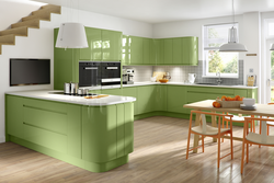 Kitchen design with green wallpaper