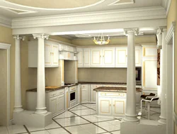 Columns in the interior of a living room with a kitchen