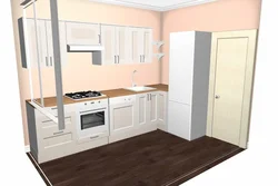 Corner kitchen design with refrigerator by the door