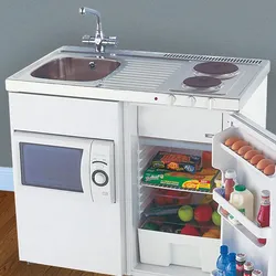 Kitchen with mini refrigerator photo