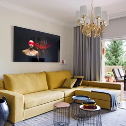 Living room design with mustard sofa