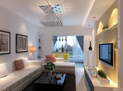 Living room design 15 sq m in a modern style with a balcony