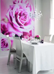 Wallpaper with roses in the kitchen interior