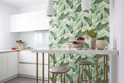 Wallpaper with roses in the kitchen interior