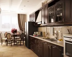 Интерьер с коричневой кухней гостиной