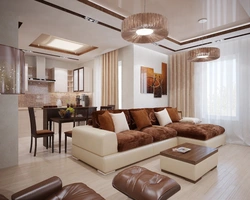 Interior with brown kitchen living room