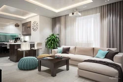 Interior with brown kitchen living room