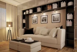 Living room interior in an apartment with shelves photo