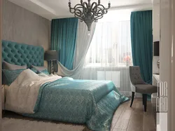 Інтэр'ер спальні з ложкам бірузовага колеру