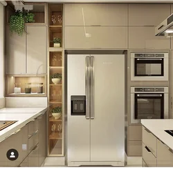 Дизайн кухни встроенной техникой и холодильником
