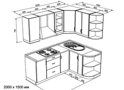 Фота кухонных гарнітураў для маленькай кухні кутнія з памерамі