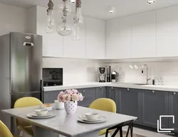 What colors go with gray and white in the kitchen interior