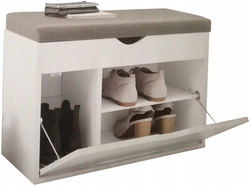 Shoe rack with a seat in the hallway photo and a shelf for shoes