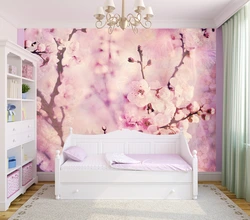 Sakura divar kağızı ilə yataq otağının fotoşəkili