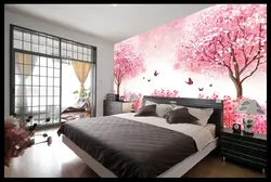 Sakura fon rasmi bilan yotoq xonalarining fotosurati