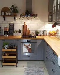 Kitchen Gray White With Wooden Countertop Design