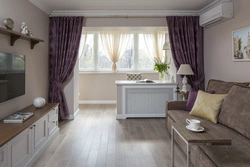 Apartment interiors with one curtain on the window