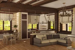 Kitchen Living Room In A Wooden House Photo Interior