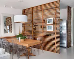 Wooden slats in the kitchen interior