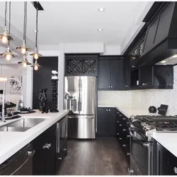Kitchen design in black white gray colors