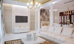 Бело золотой дизайн гостиной