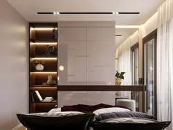 Bedroom interiors with mirrored wardrobe