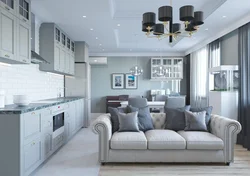 Kitchen design in gray tones with sofa