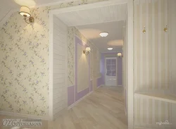 Kitchen and hallway with the same wallpaper photo