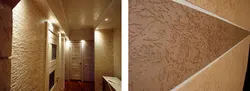 Macun yordamida koridordagi devorlarga dekorativ gipsning fotosurati