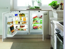 Built-in refrigerator in a small kitchen photo