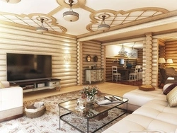 Living room ceiling in a wooden house photo