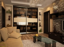 Sliding wardrobes in the interior of the living room 18 sq m
