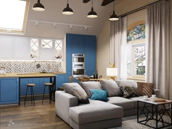 Дизайн гостиной с голубой кухней