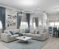 Living room design with blue kitchen