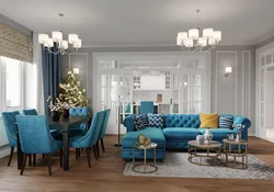 Living room design with blue kitchen