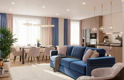 Living room design with blue kitchen