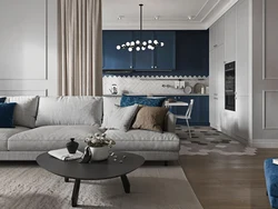 Living Room Design With Blue Kitchen