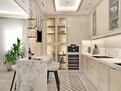 Interior of a bright kitchen with a bar counter