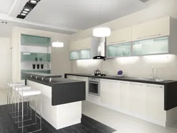 Interior of a bright kitchen with a bar counter