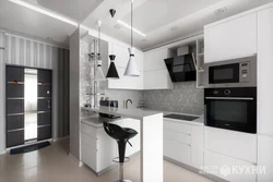 Interior of a bright kitchen with a bar counter