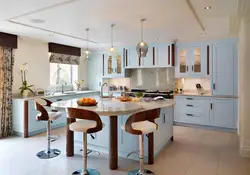 Interior Of A Bright Kitchen With A Bar Counter