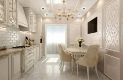 Kitchen design in light colors with tiles
