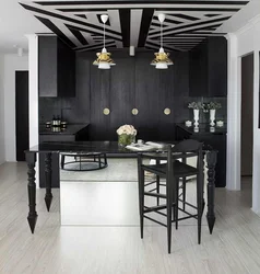 Kitchen design with black ceiling