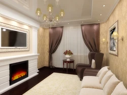Living room design 16 m with fireplace