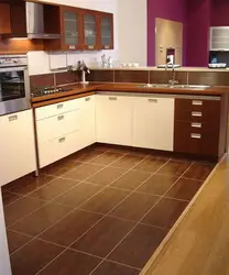 Kitchen Design Brown Tiles On The Floor