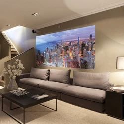 Photo wallpaper on the entire wall in the living room interior