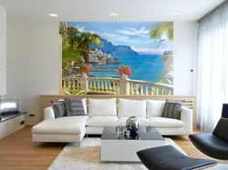 Photo Wallpaper On The Entire Wall In The Living Room Interior