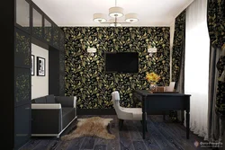 Black wallpaper in the living room photo interiors