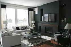 Black wallpaper in the living room photo interiors